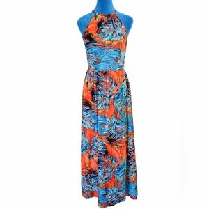 Kilig Tropical Halter Maxi Dress | Teal & Coral Summer Resort Dress | Size S